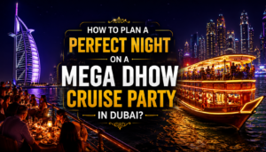 Luxury mega dhow cruise party in Dubai Marina at night with illuminated skyline, fine dining, live entertainment, and vibrant nightlife atmosphere.